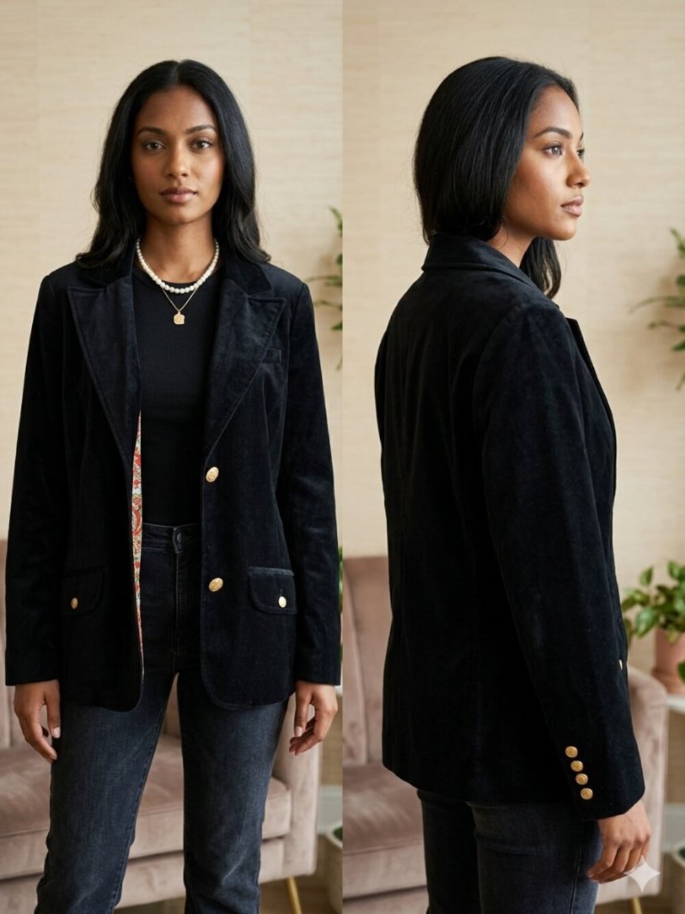 NEW Old Navy Quiet Luxury Black Velvet Blazer Gold  Buttons Paisley Lining  XL - Picture 2 of 8